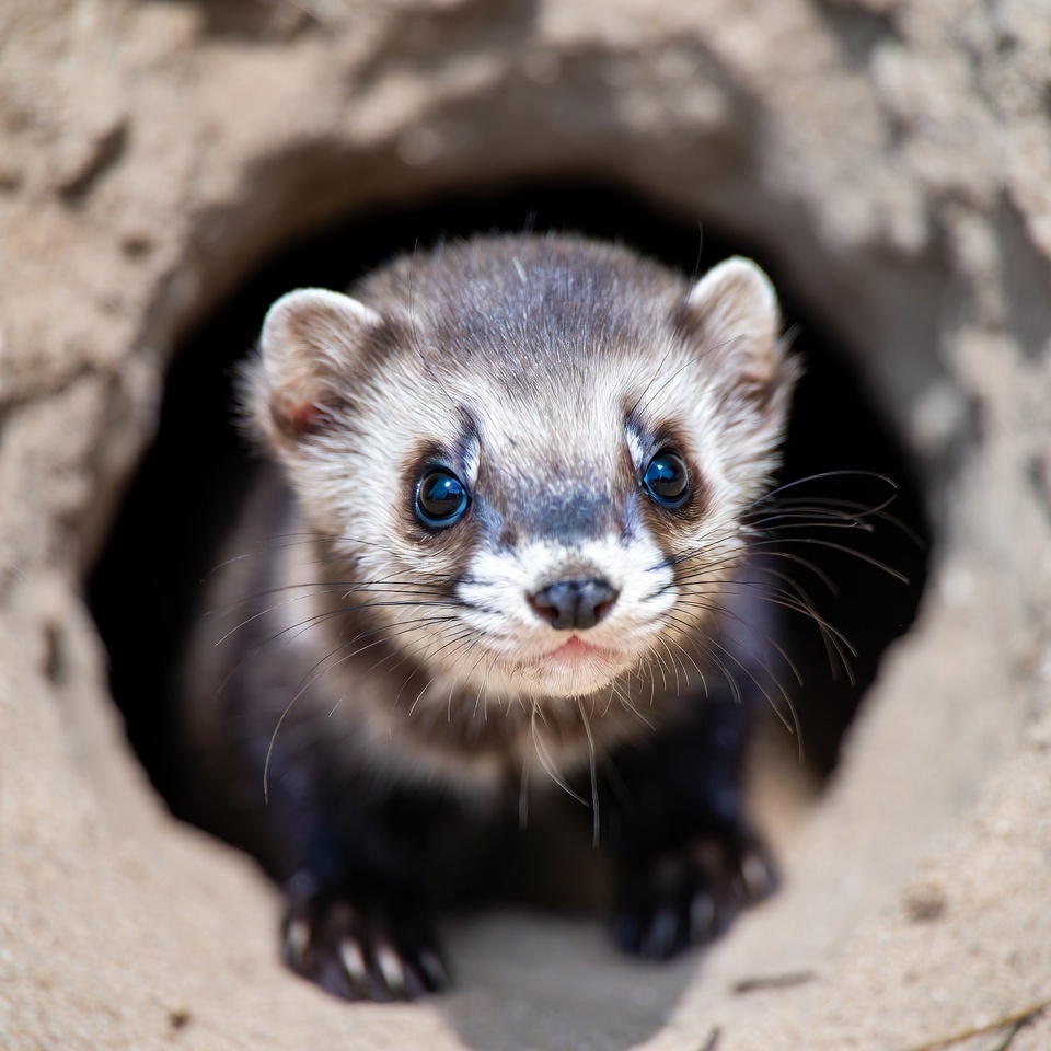 Ferret looking out from burrow Ferret looking out from burrow
