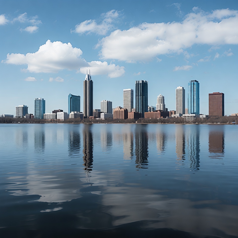 City skyline reflects in water City skyline reflects in water