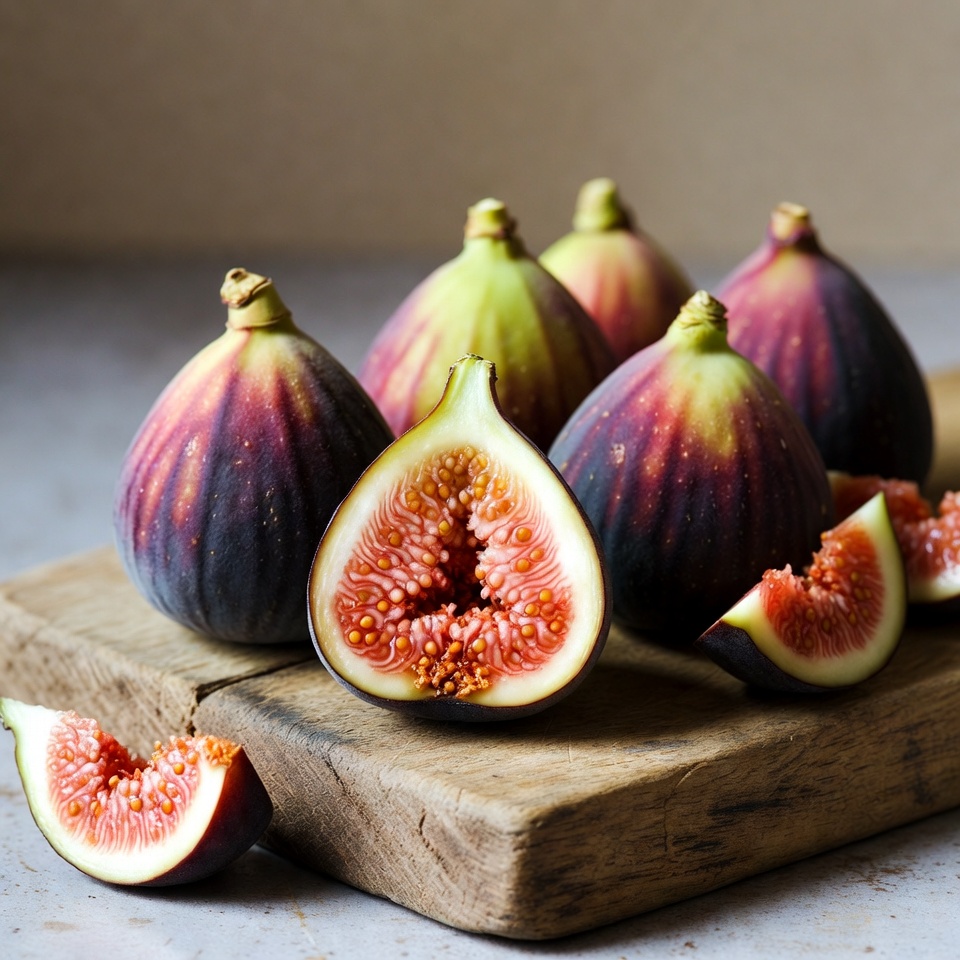 Fresh figs on wooden board display Fresh figs on wooden board display