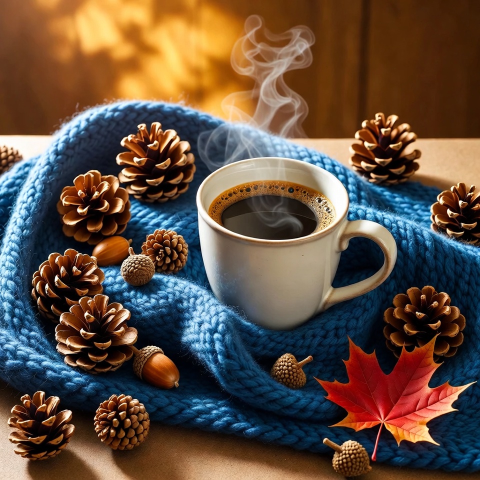 Cozy coffee with pine cones Cozy coffee with pine cones