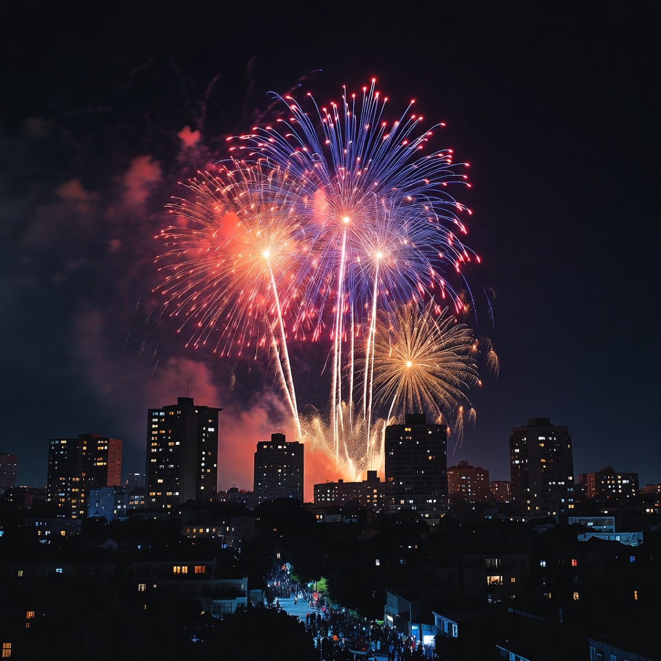 Fireworks display over city night sky Fireworks display over city night sky