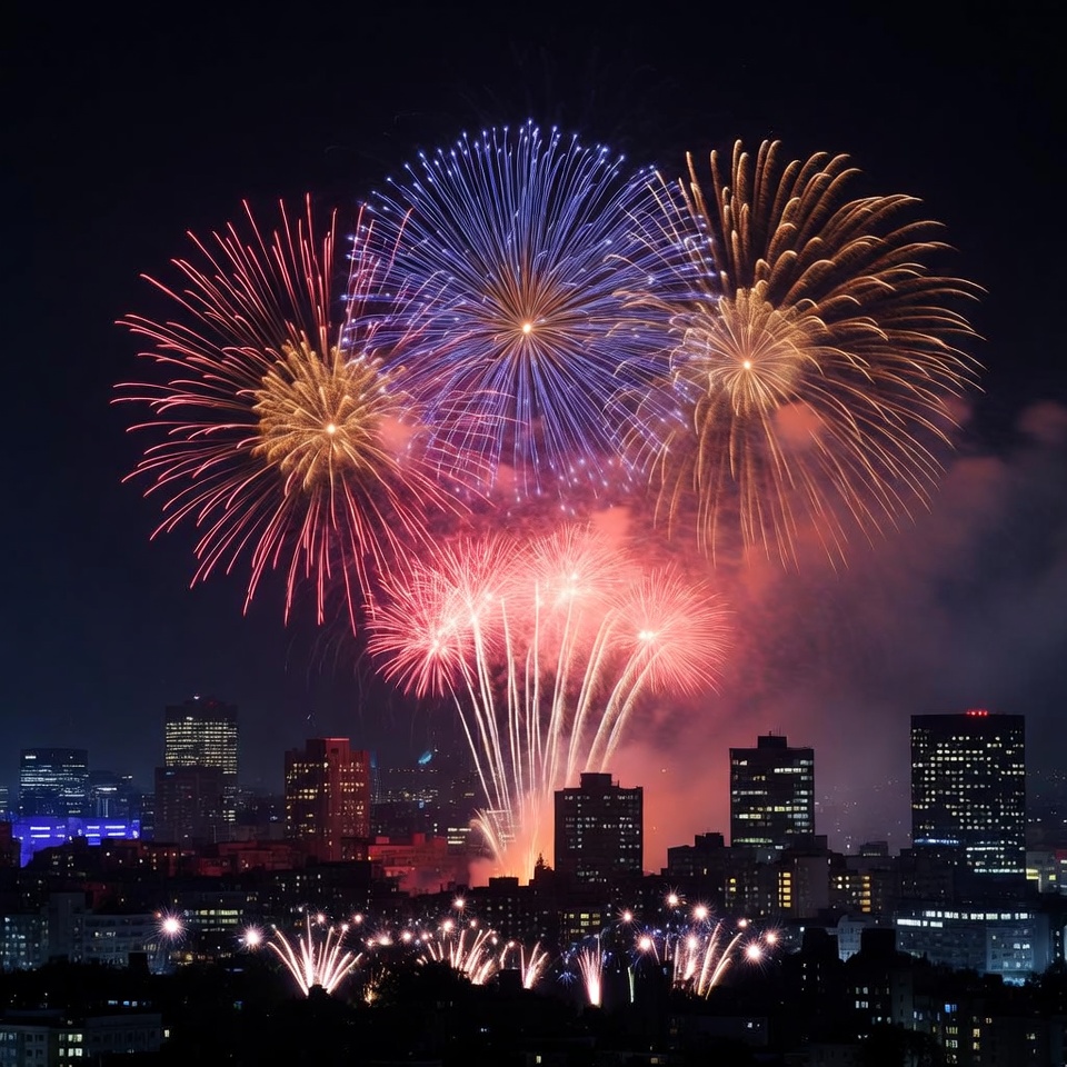 Fireworks display over city skyline Fireworks display over city skyline