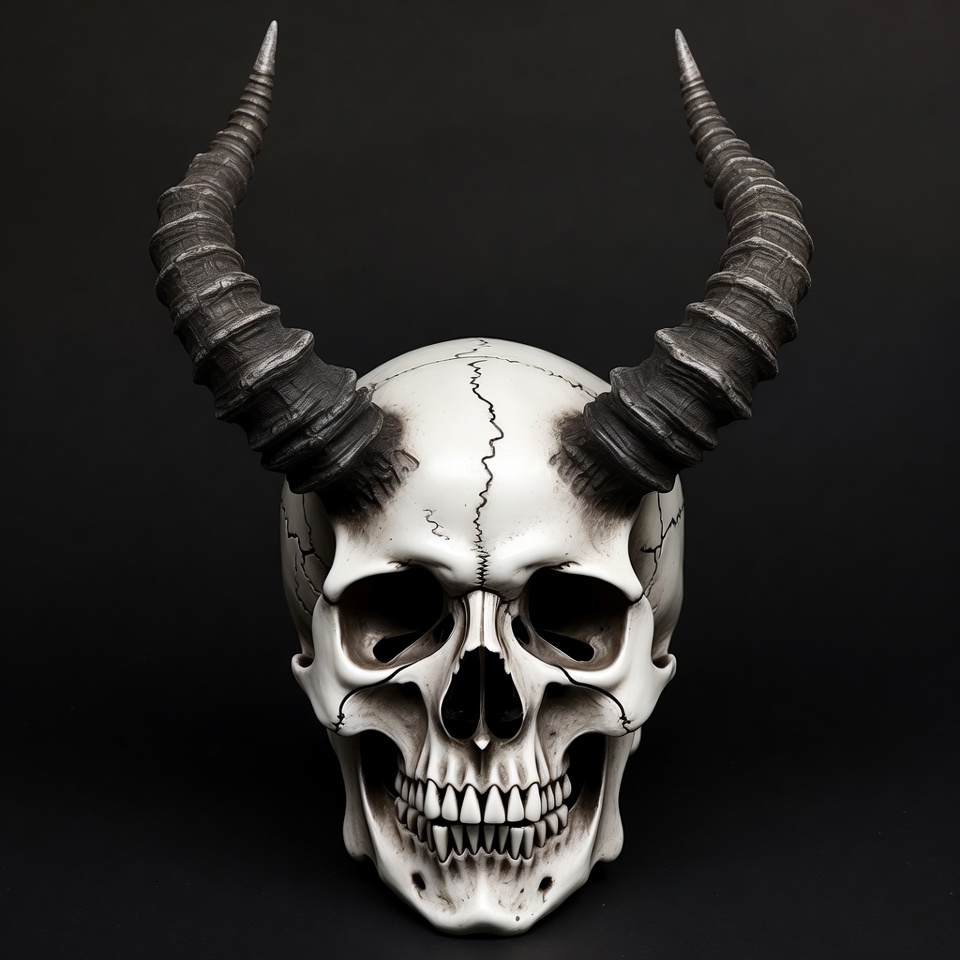 Skull with horns displayed on black background Skull with horns displayed on black background
