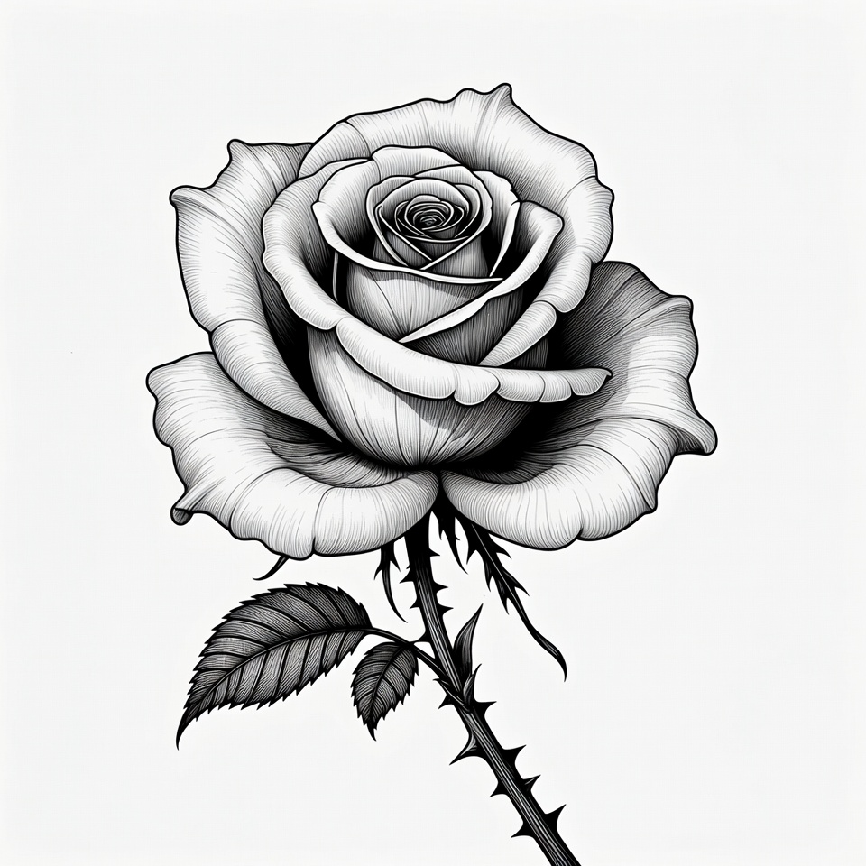 Detailed black and white rose drawing Detailed black and white rose drawing
