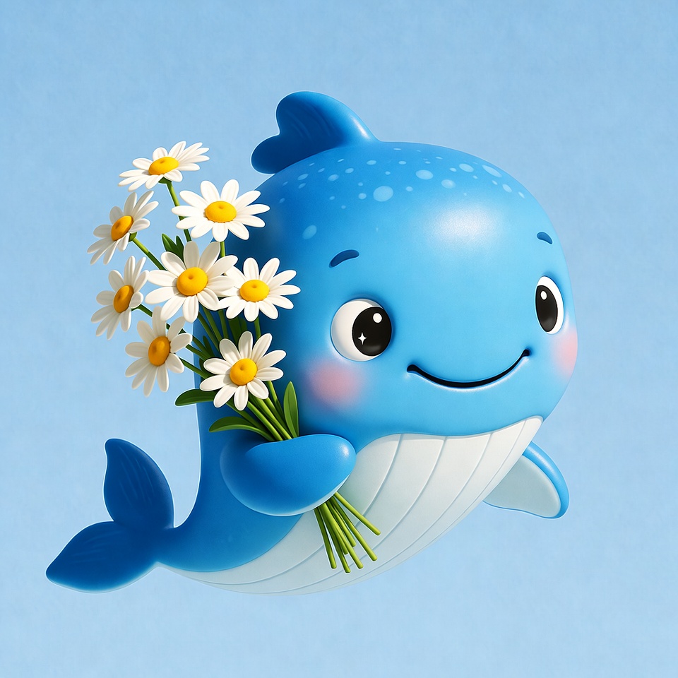 Cheerful whale with flowers in hand Cheerful whale with flowers in hand