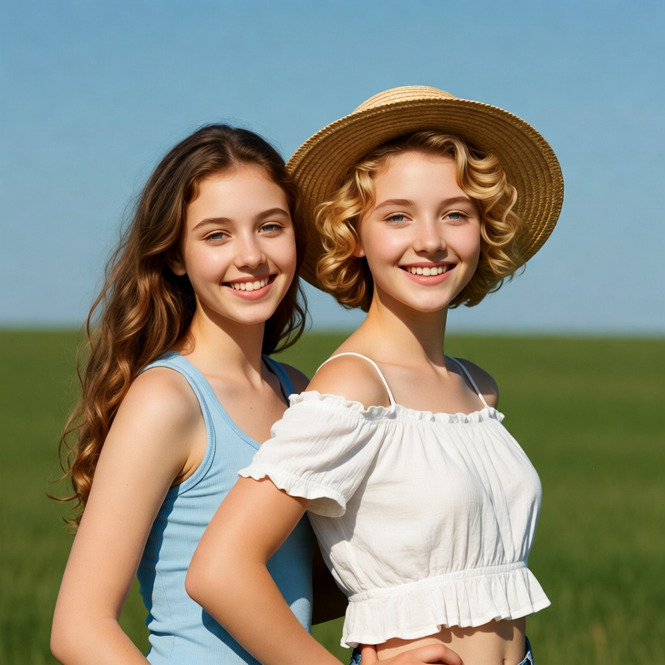 Two smiling girls on green field Two smiling girls on green field