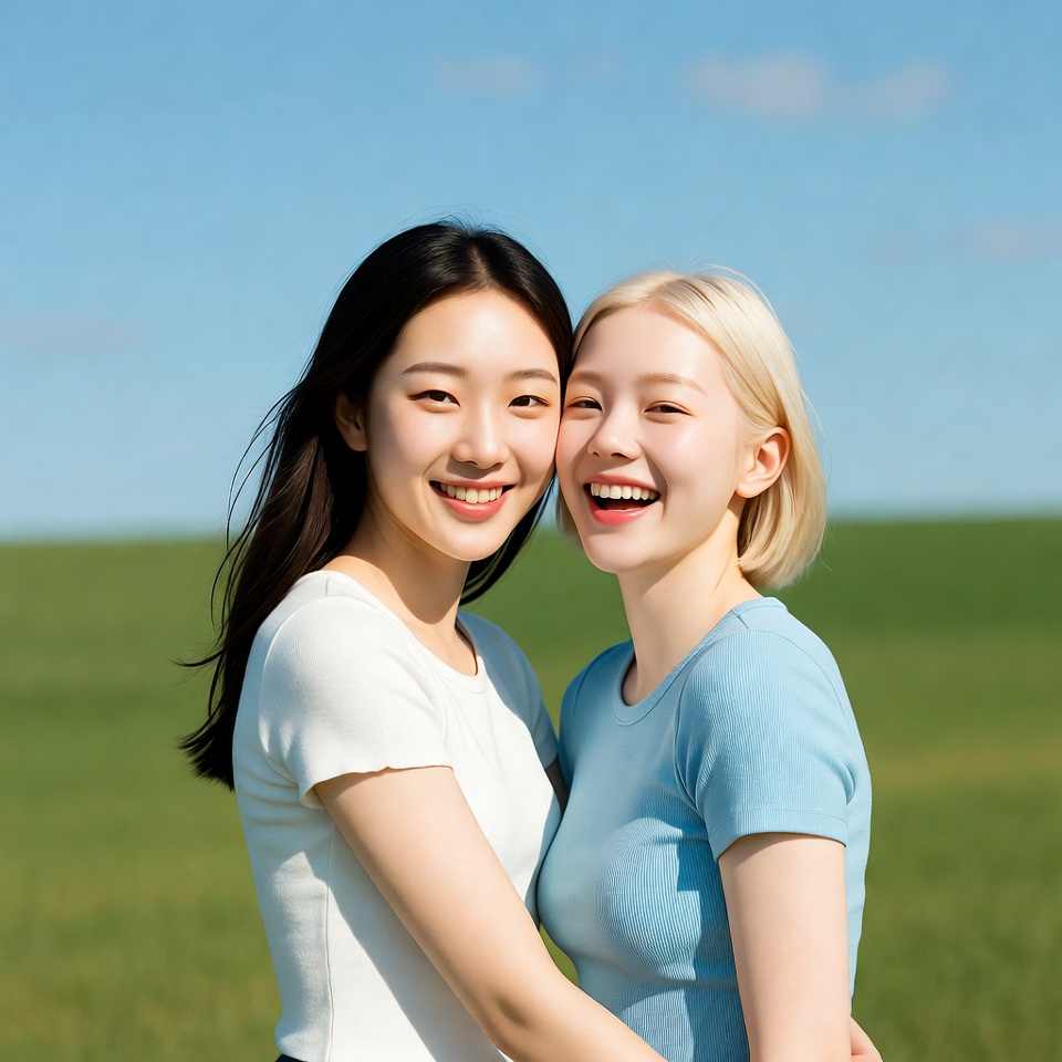 Two women smile in field Two women smile in field