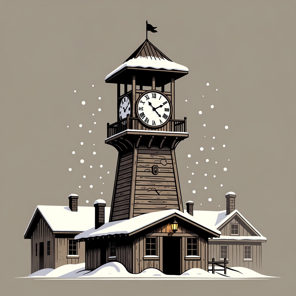 Snowy Wooden Clock Tower Illustration Snowy Wooden Clock Tower Illustration