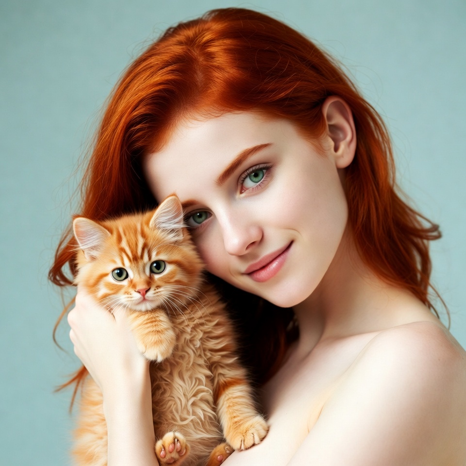 Redhead woman holding orange kitten Redhead woman holding orange kitten