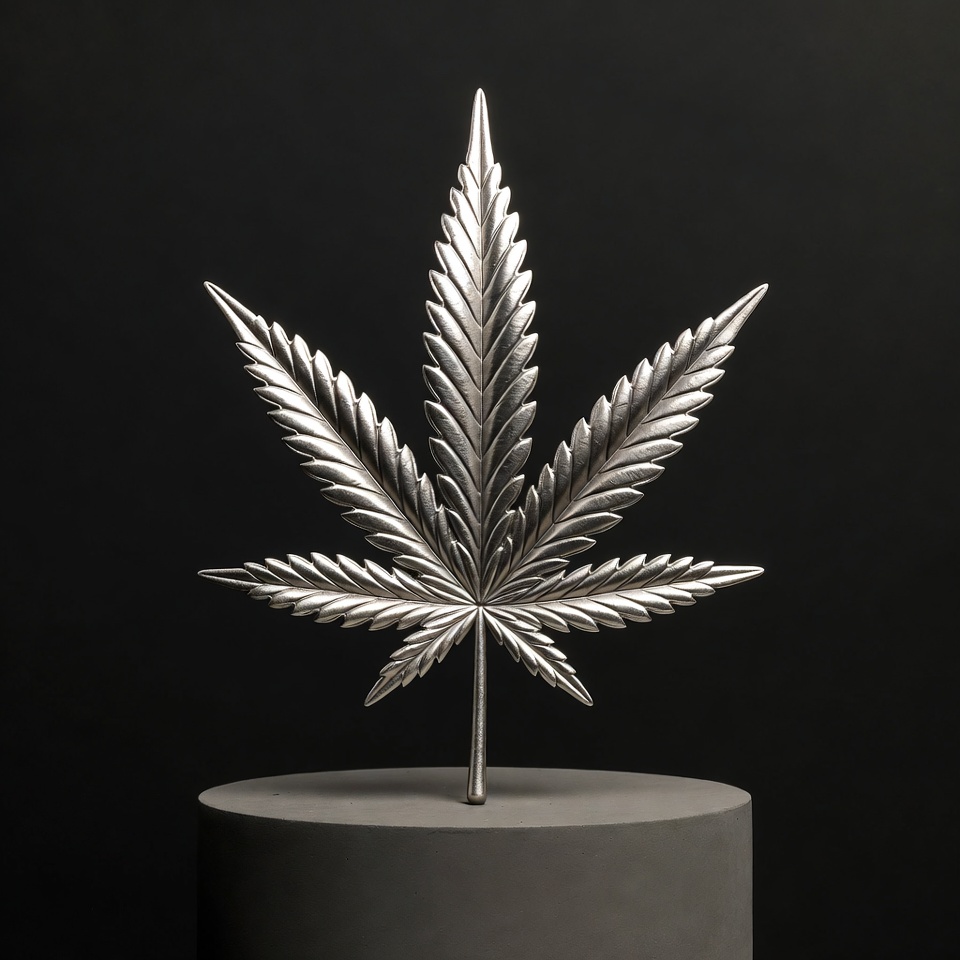 Silver Cannabis Leaf on Gray Base Silver Cannabis Leaf on Gray Base