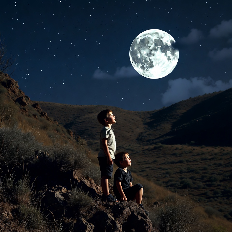 Two boys gazing at full moon Two boys gazing at full moon