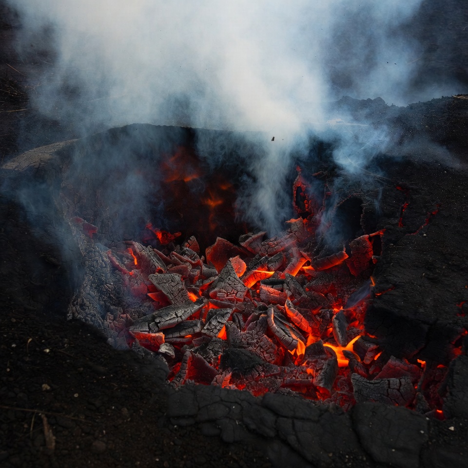 Glowing red volcanic crater with steam Glowing red volcanic crater with steam