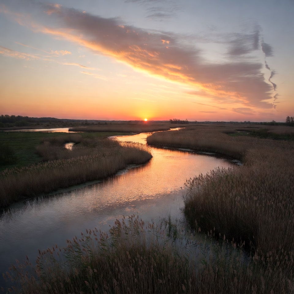 Sunset over river in reed marsh Sunset over river in reed marsh