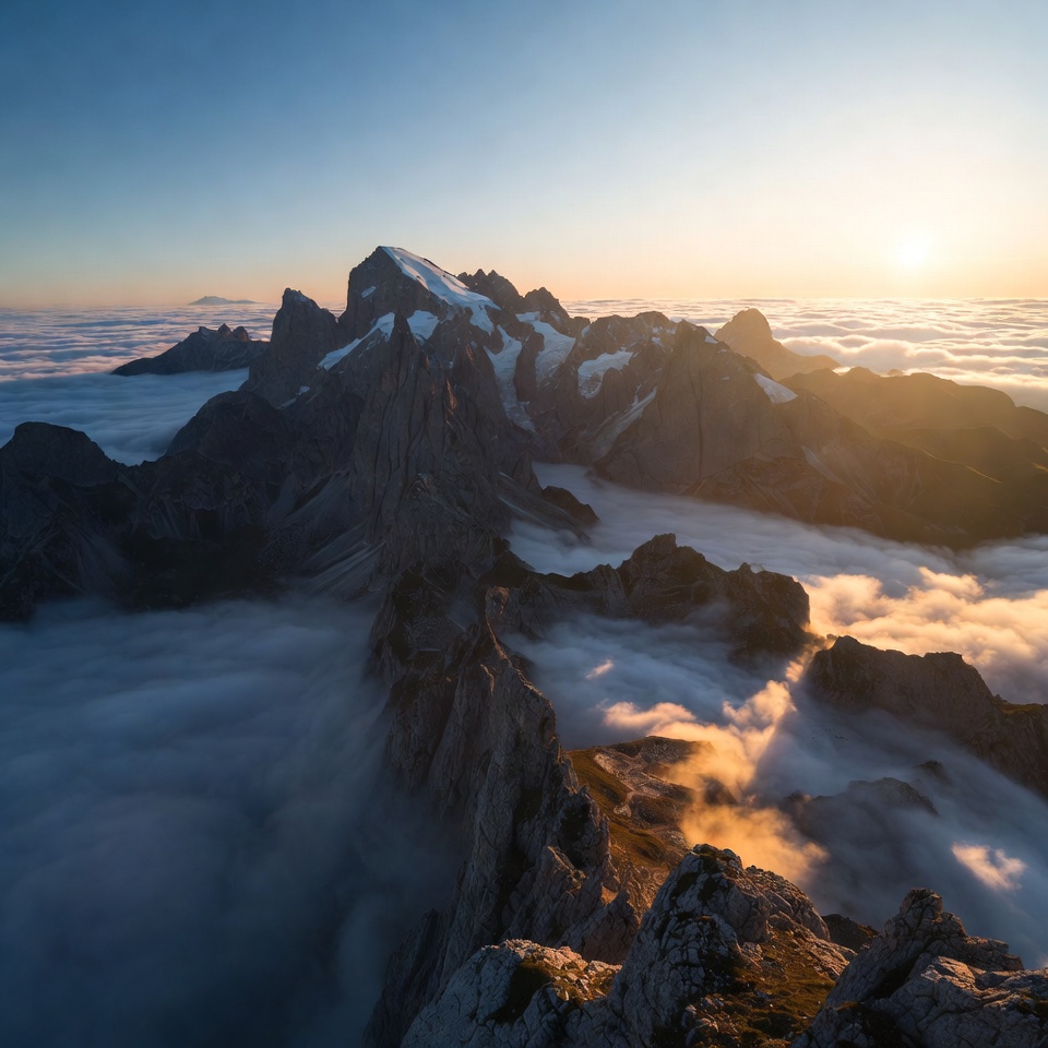 Snowy Mountains Above Clouds at Sunset Snowy Mountains Above Clouds at Sunset