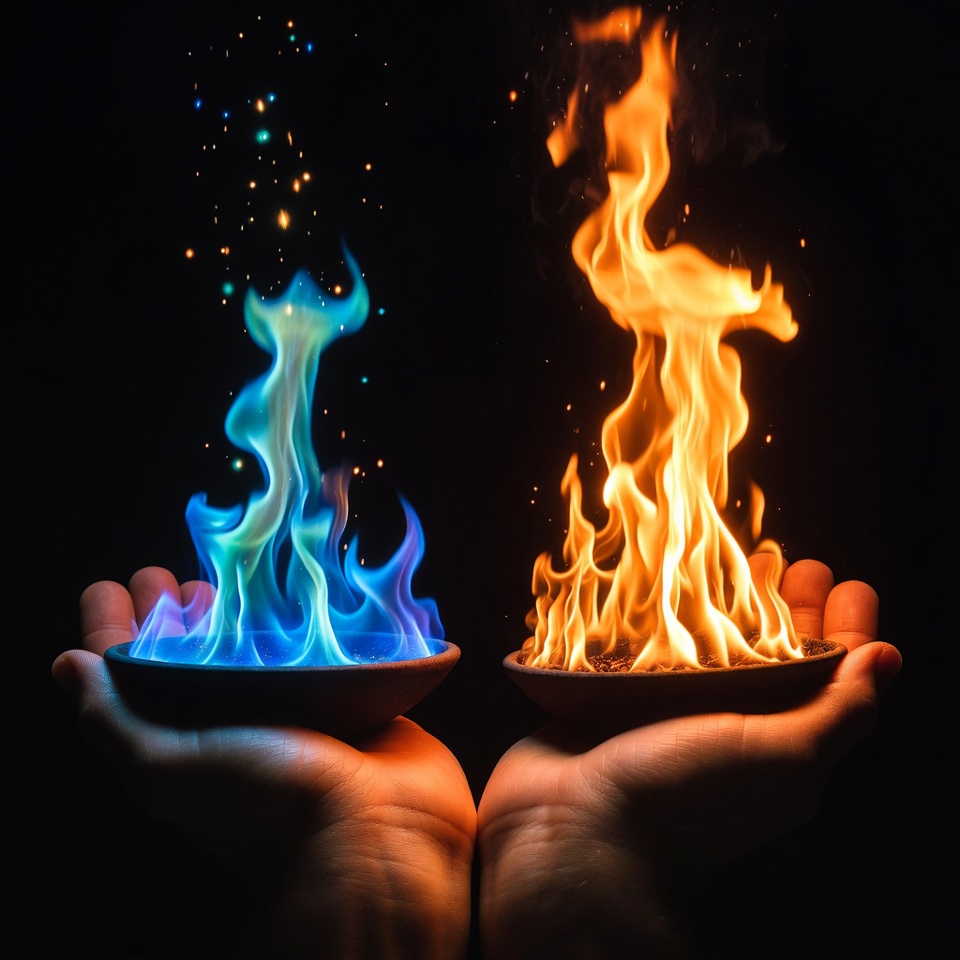 Hands Holding Blue and Fire Flames Hands Holding Blue and Fire Flames