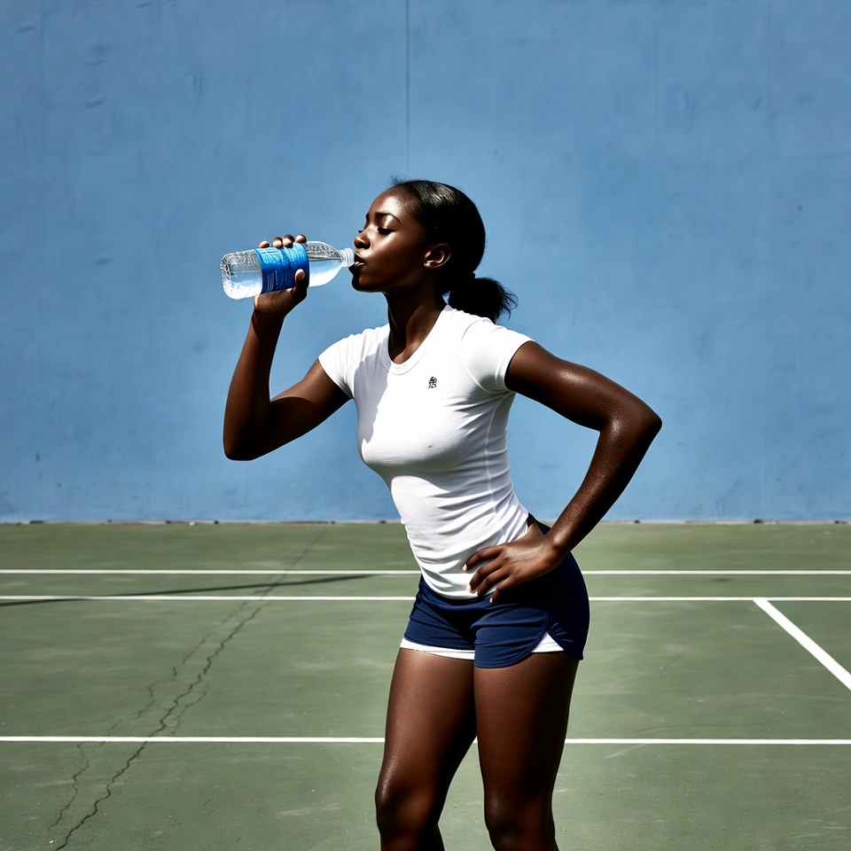 African-American woman drinking water on tennis court African-American woman drinking water on tennis court