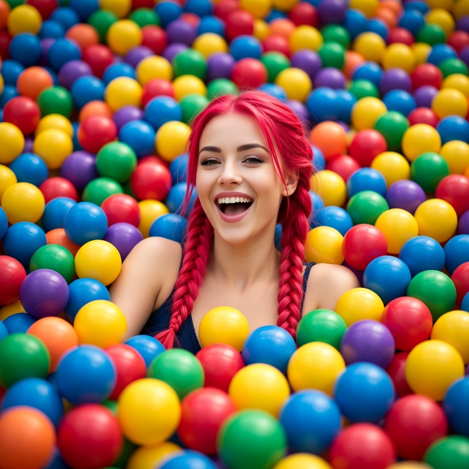 Woman with pink hair in ball pit Woman with pink hair in ball pit