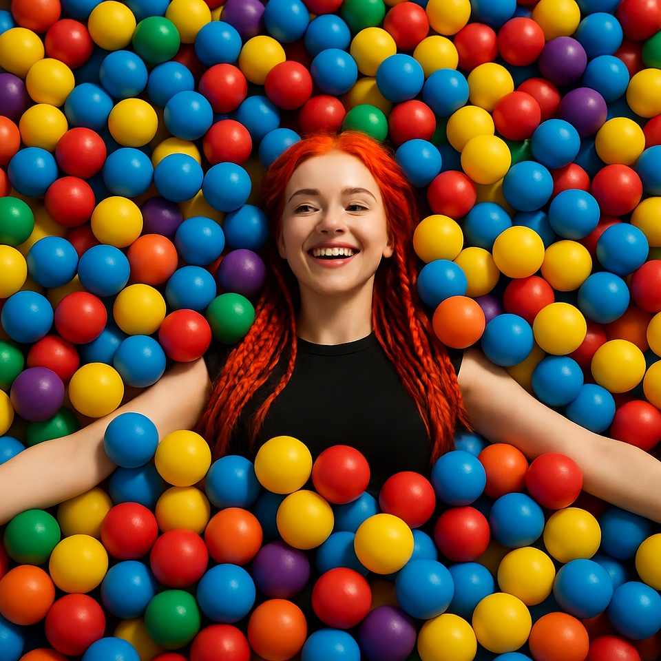 Woman smiling in colorful ball pit Woman smiling in colorful ball pit