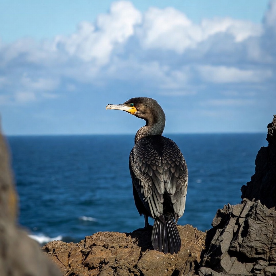 Cormorant standing on ocean rocks Cormorant standing on ocean rocks