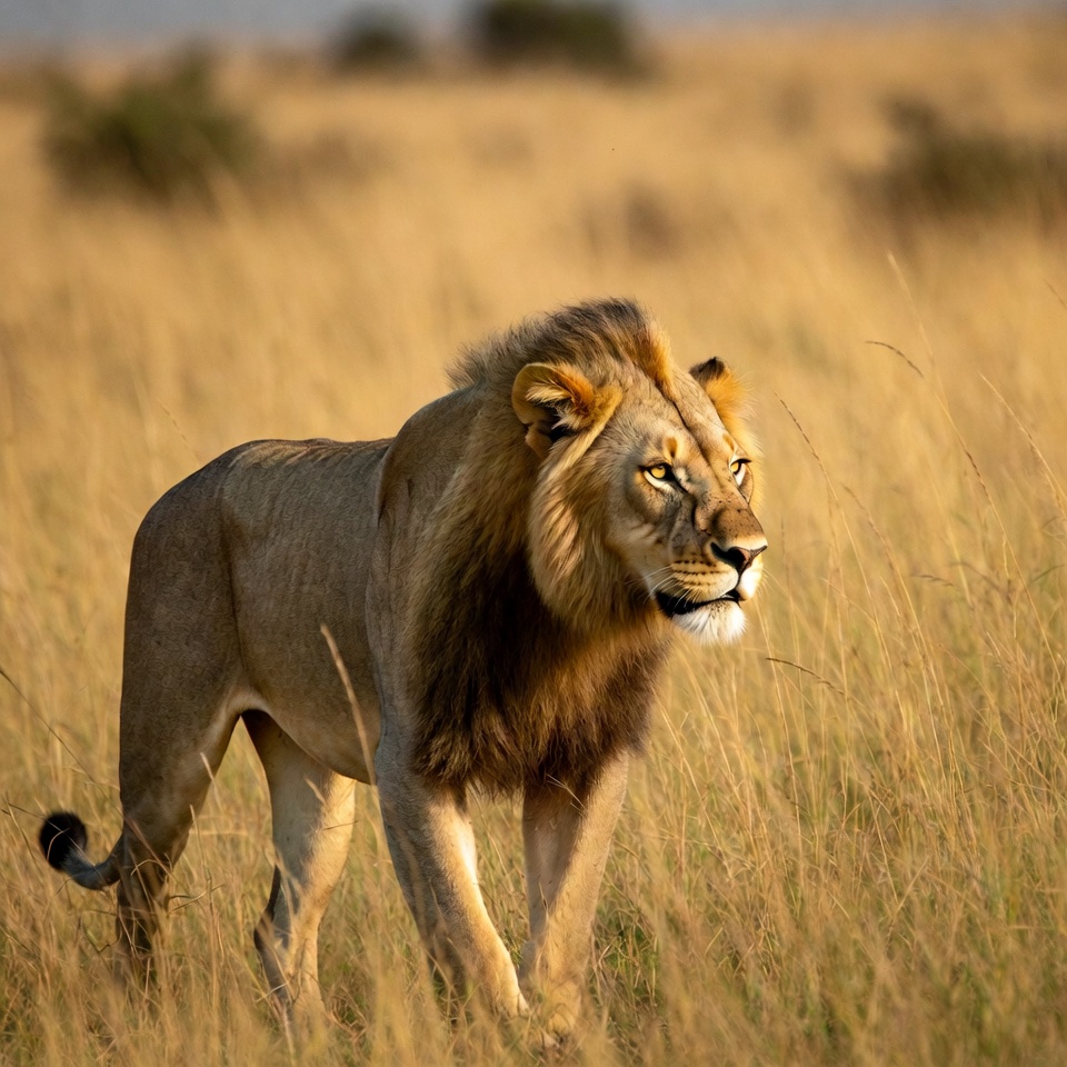 Lion standing in savanna grass Lion standing in savanna grass