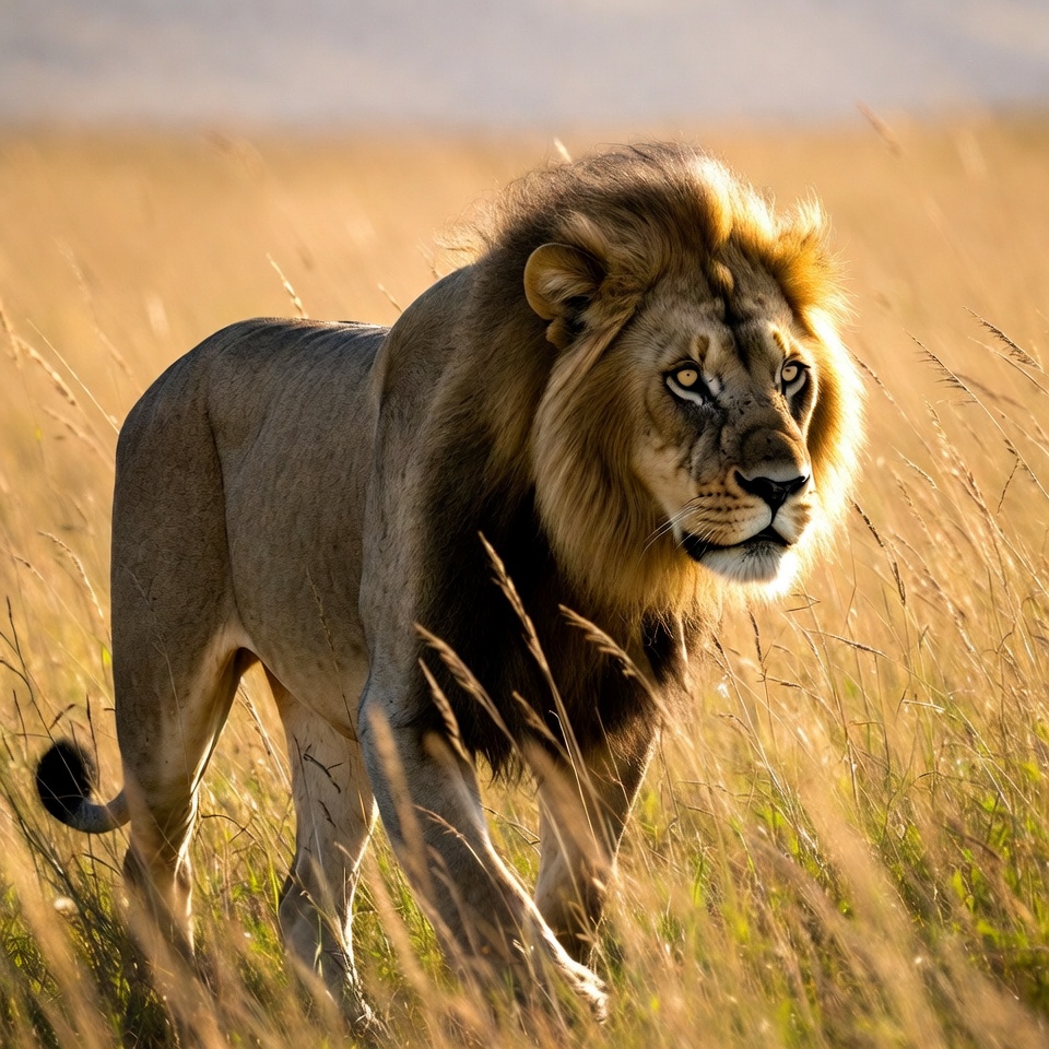 Lion walking in golden grass Lion walking in golden grass