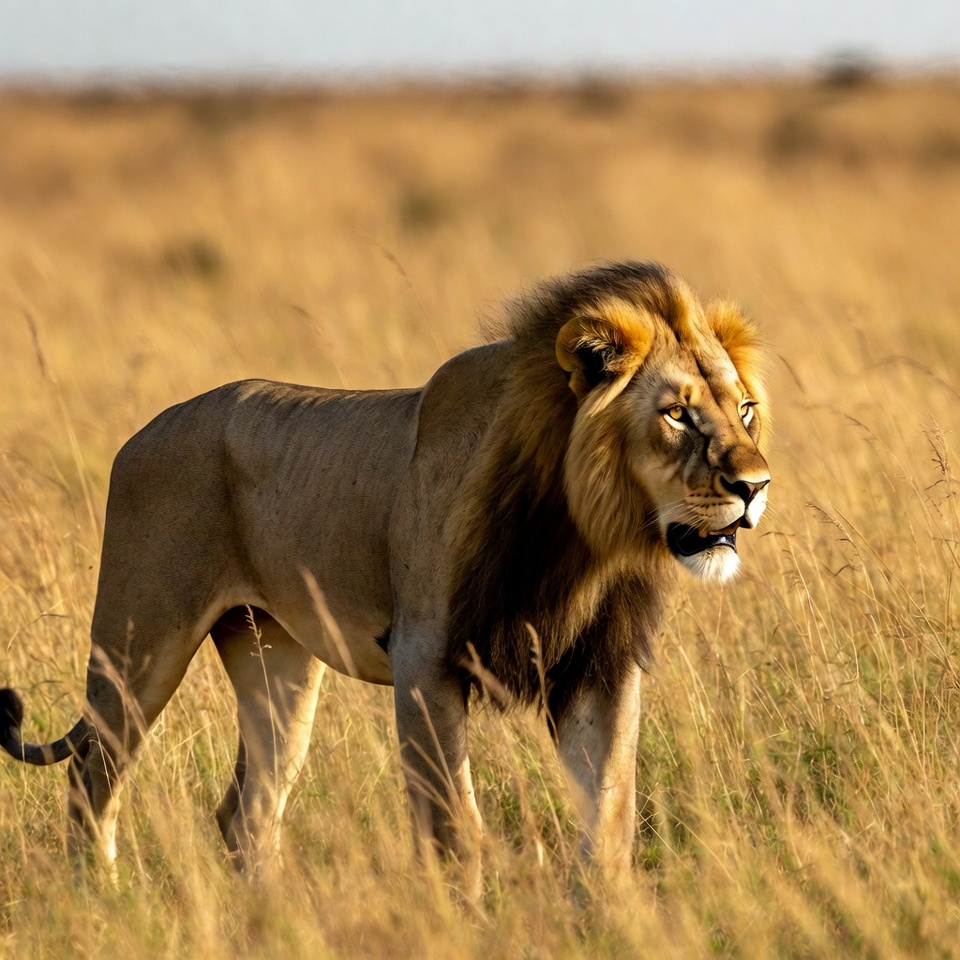Lion standing in savanna grass Lion standing in savanna grass