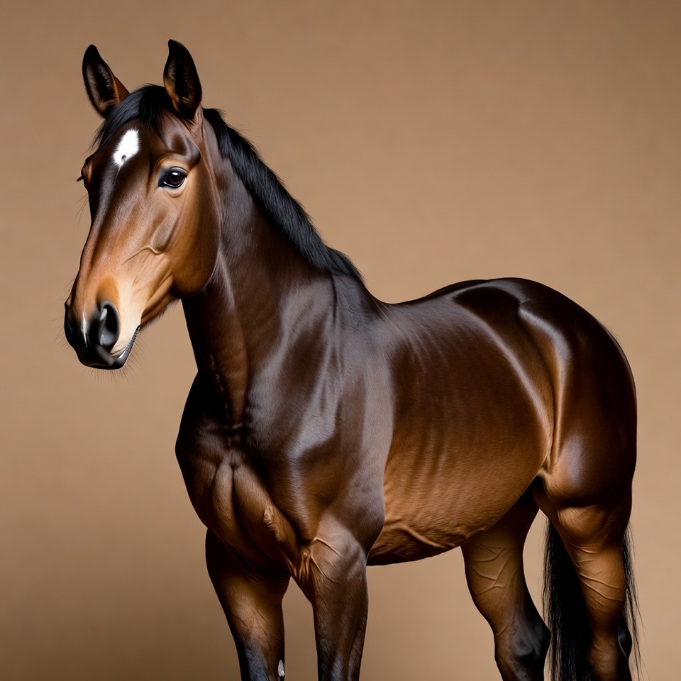 Bay horse standing on beige background Bay horse standing on beige background