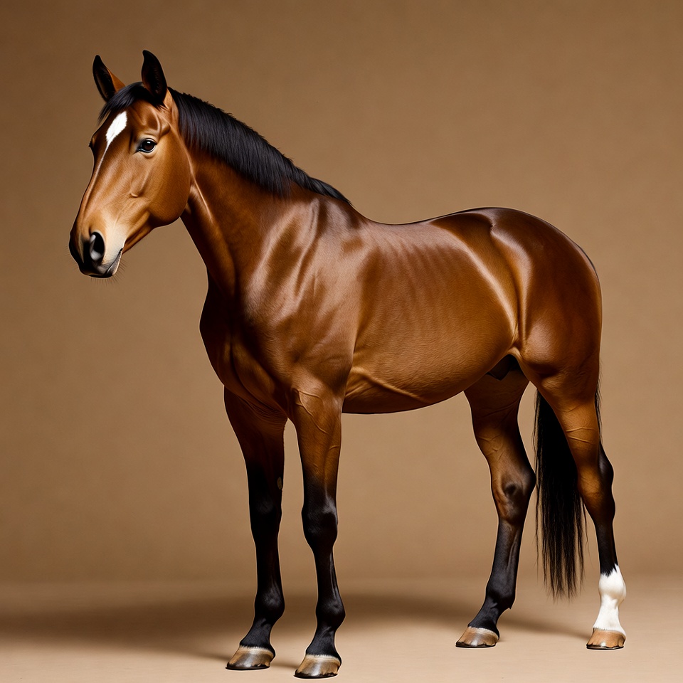 Bay horse standing on tan background Bay horse standing on tan background