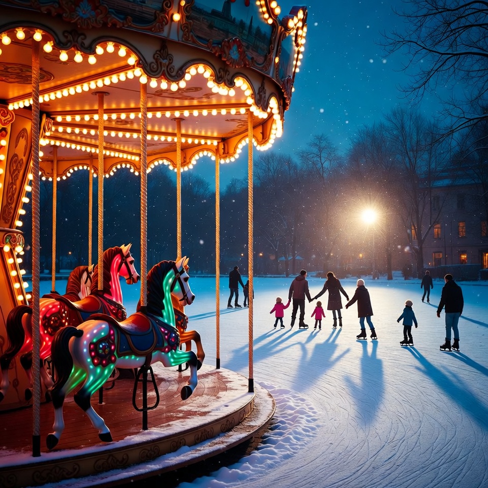 Carousel and families ice skating at night Carousel and families ice skating at night