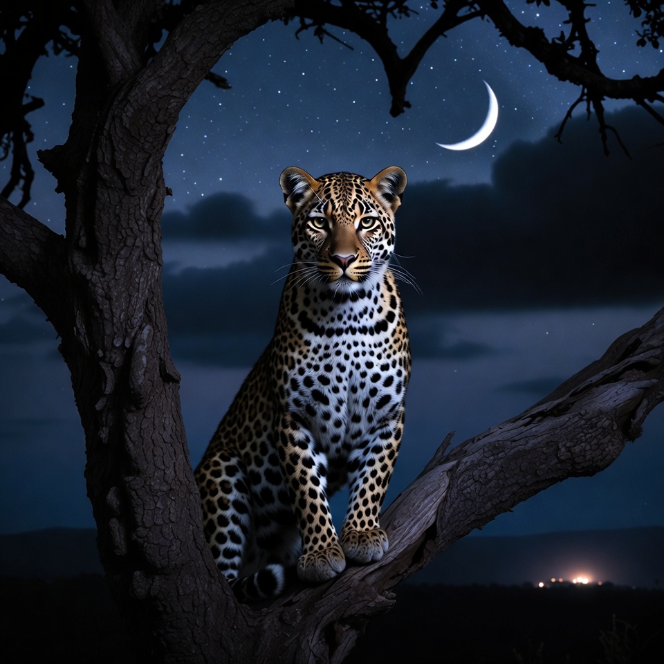 Leopard sitting on tree branch at night Leopard sitting on tree branch at night