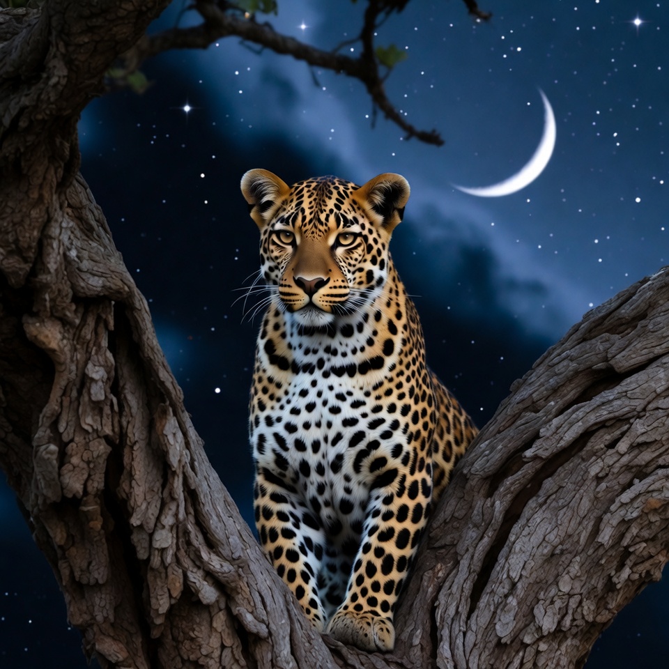 Leopard sitting on tree branch at night Leopard sitting on tree branch at night