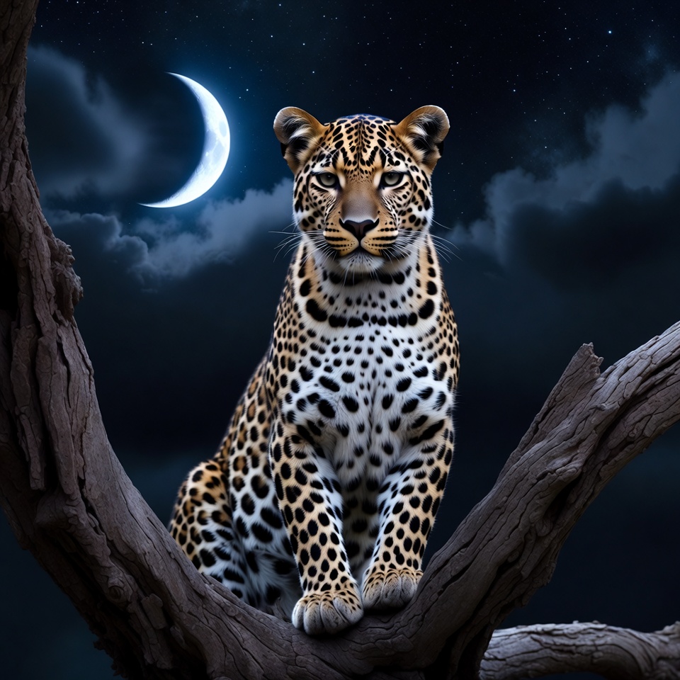 Leopard sitting on tree branch at night Leopard sitting on tree branch at night