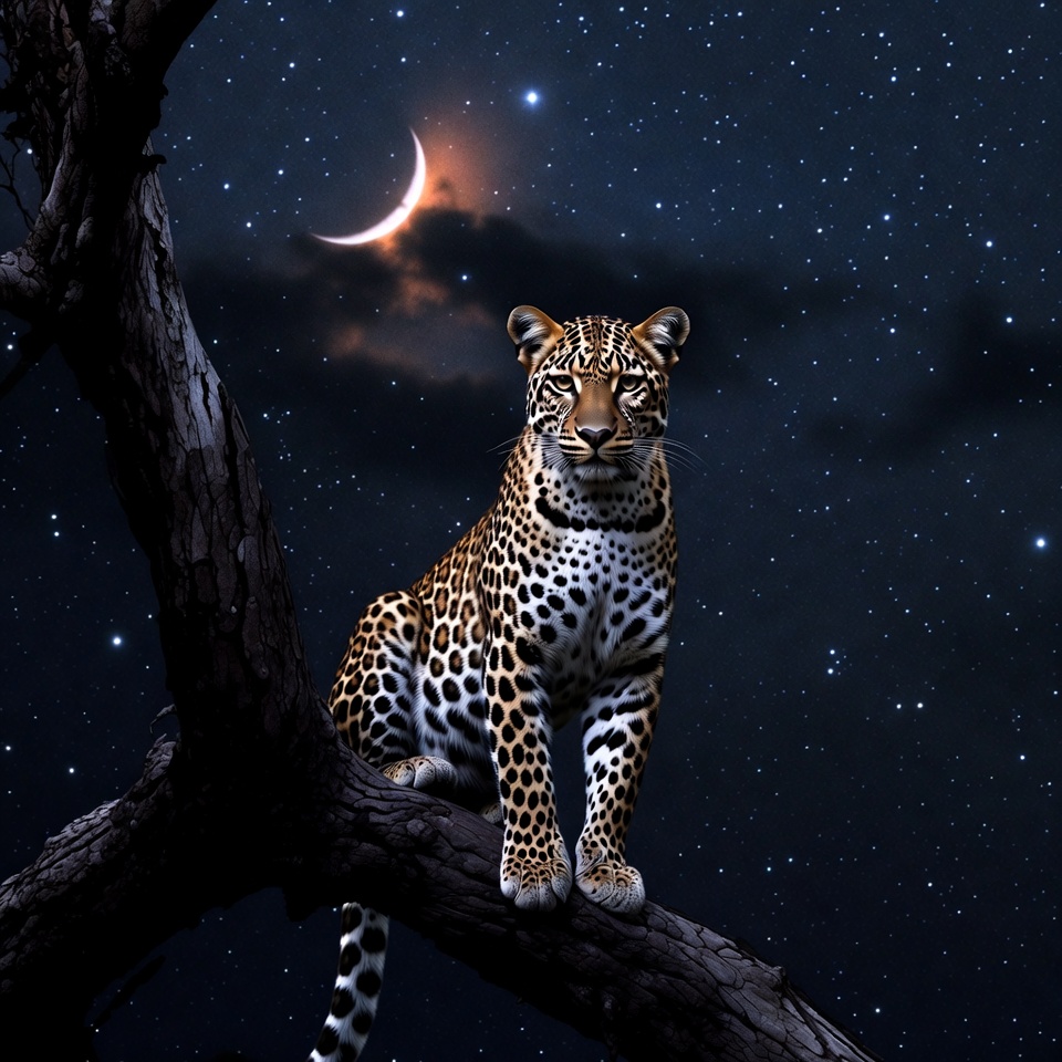 Leopard sitting on tree branch at night Leopard sitting on tree branch at night