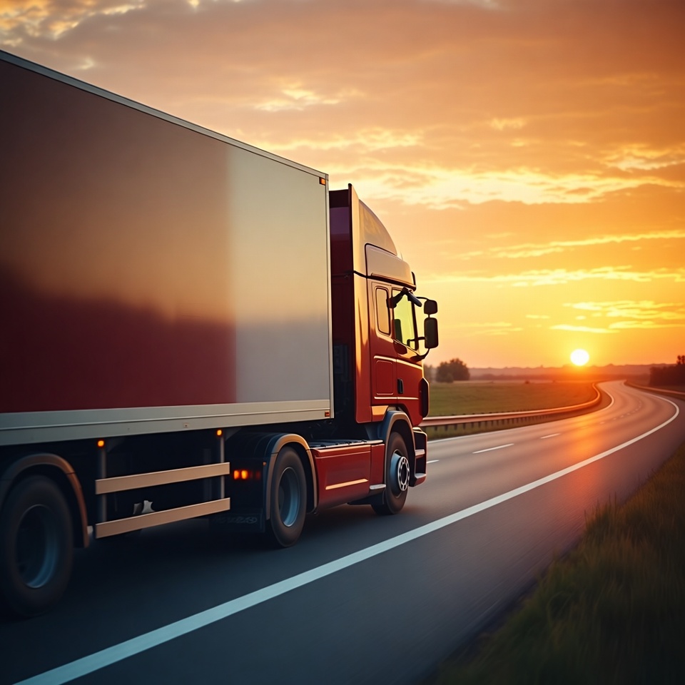 Red Semi Truck Driving at Sunset Red Semi Truck Driving at Sunset