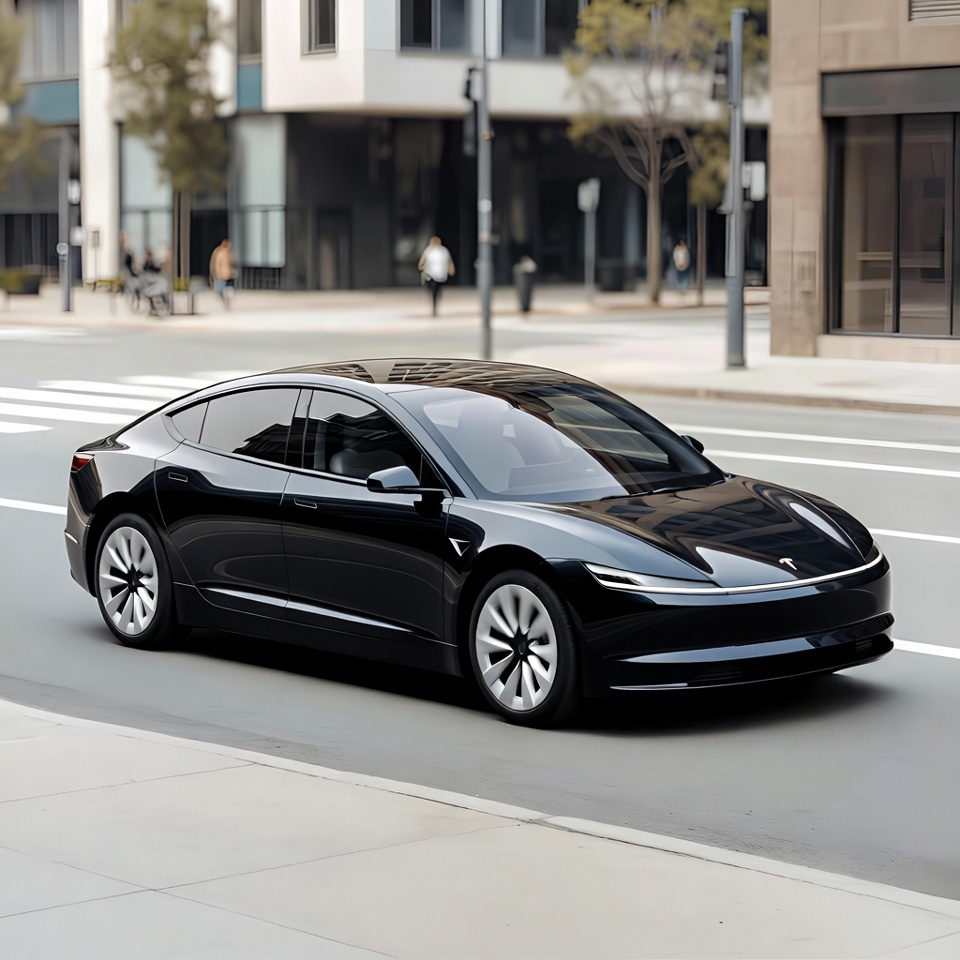 Black Tesla driving urban street Black Tesla driving urban street
