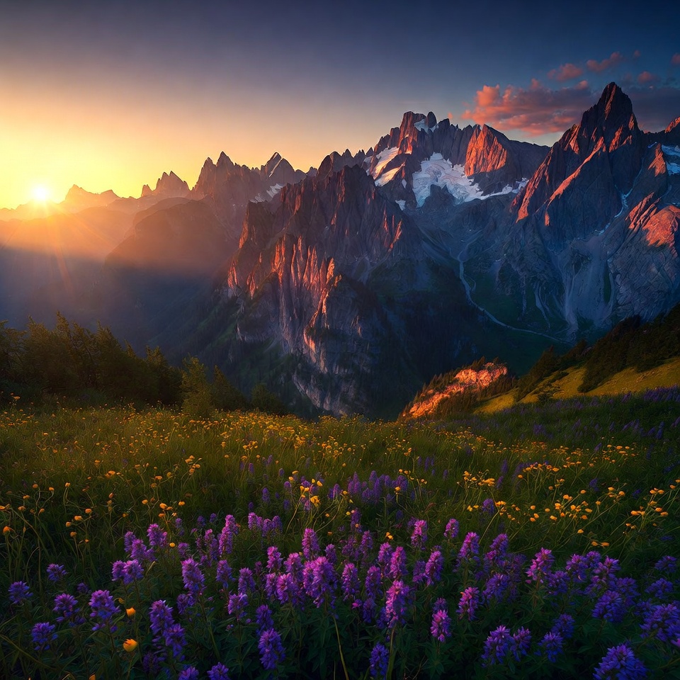 Sunset over mountains with wildflowers Sunset over mountains with wildflowers