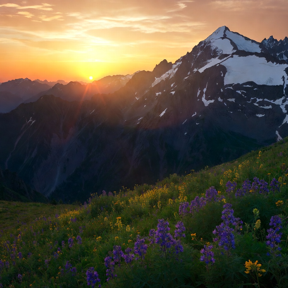Sunset over snowy mountain with wildflowers Sunset over snowy mountain with wildflowers