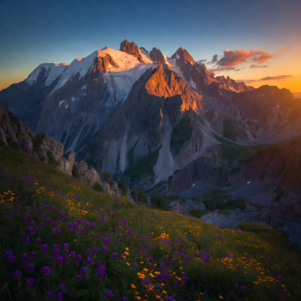 Mont Blanc Mountains with Wildflowers at Sunset Mont Blanc Mountains with Wildflowers at Sunset