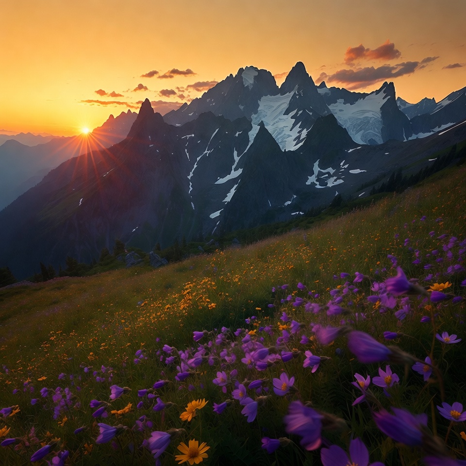 Sunset over snowy mountains and wildflowers Sunset over snowy mountains and wildflowers