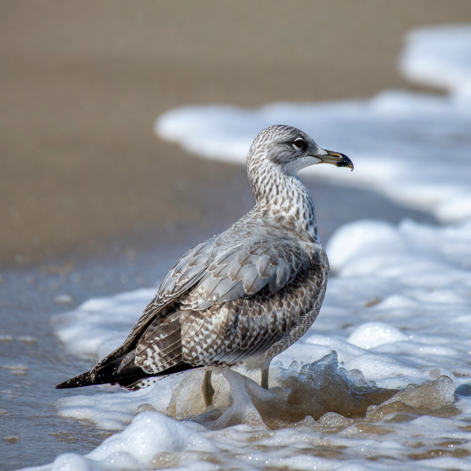 Herring gull standing on beach waves Herring gull standing on beach waves