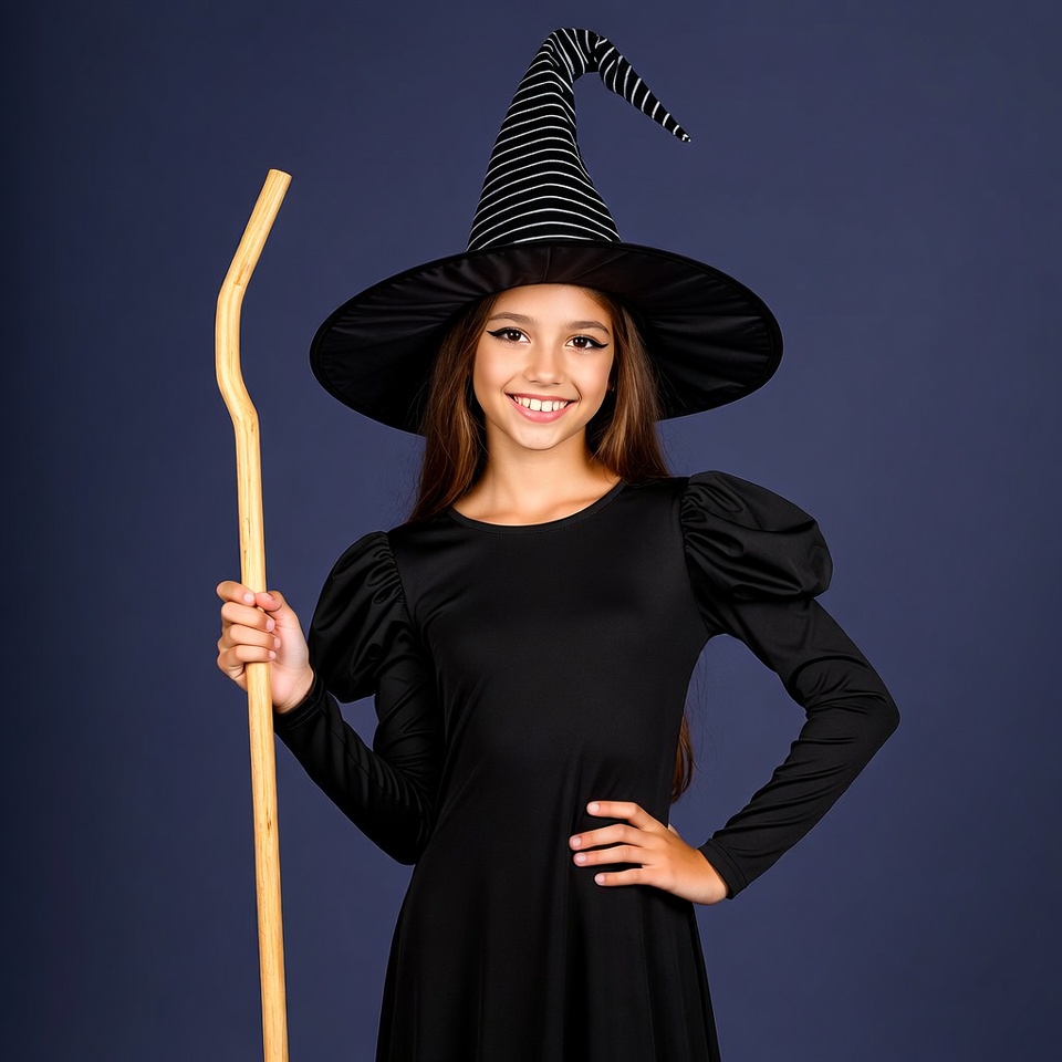 Girl in witch costume with broomstick Girl in witch costume with broomstick