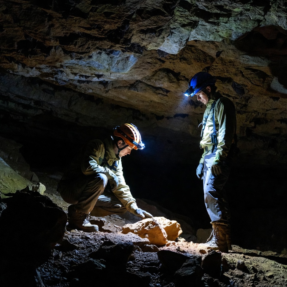 Two men caving examining rock Two men caving examining rock