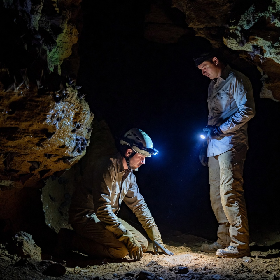 Two men caving with headlamps Two men caving with headlamps