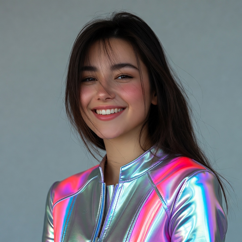 Asian woman smiling in iridescent jacket Asian woman smiling in iridescent jacket