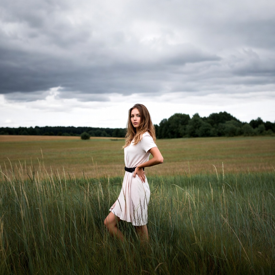 Woman in white dress in field Woman in white dress in field