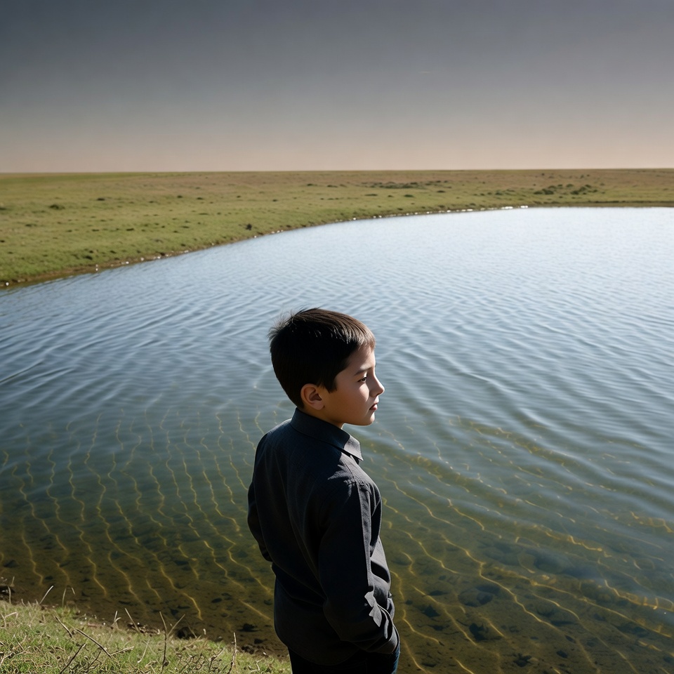Boy gazing at pond in grassland Boy gazing at pond in grassland