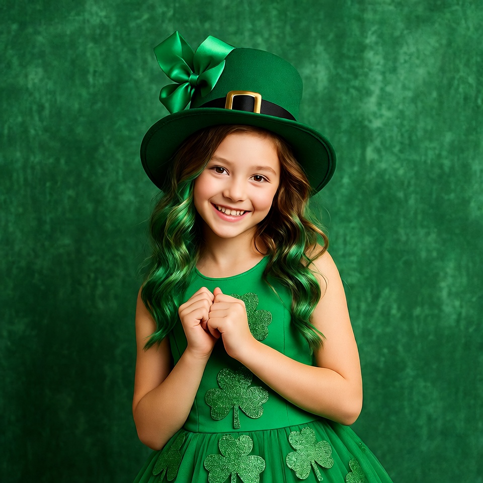 Girl in green leprechaun hat and dress Girl in green leprechaun hat and dress