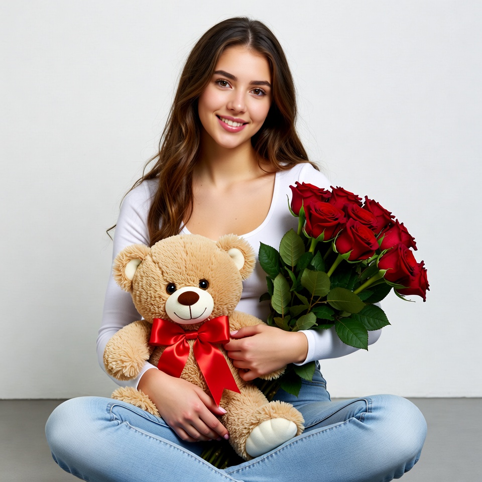 Smiling woman holding teddy bear and roses Smiling woman holding teddy bear and roses