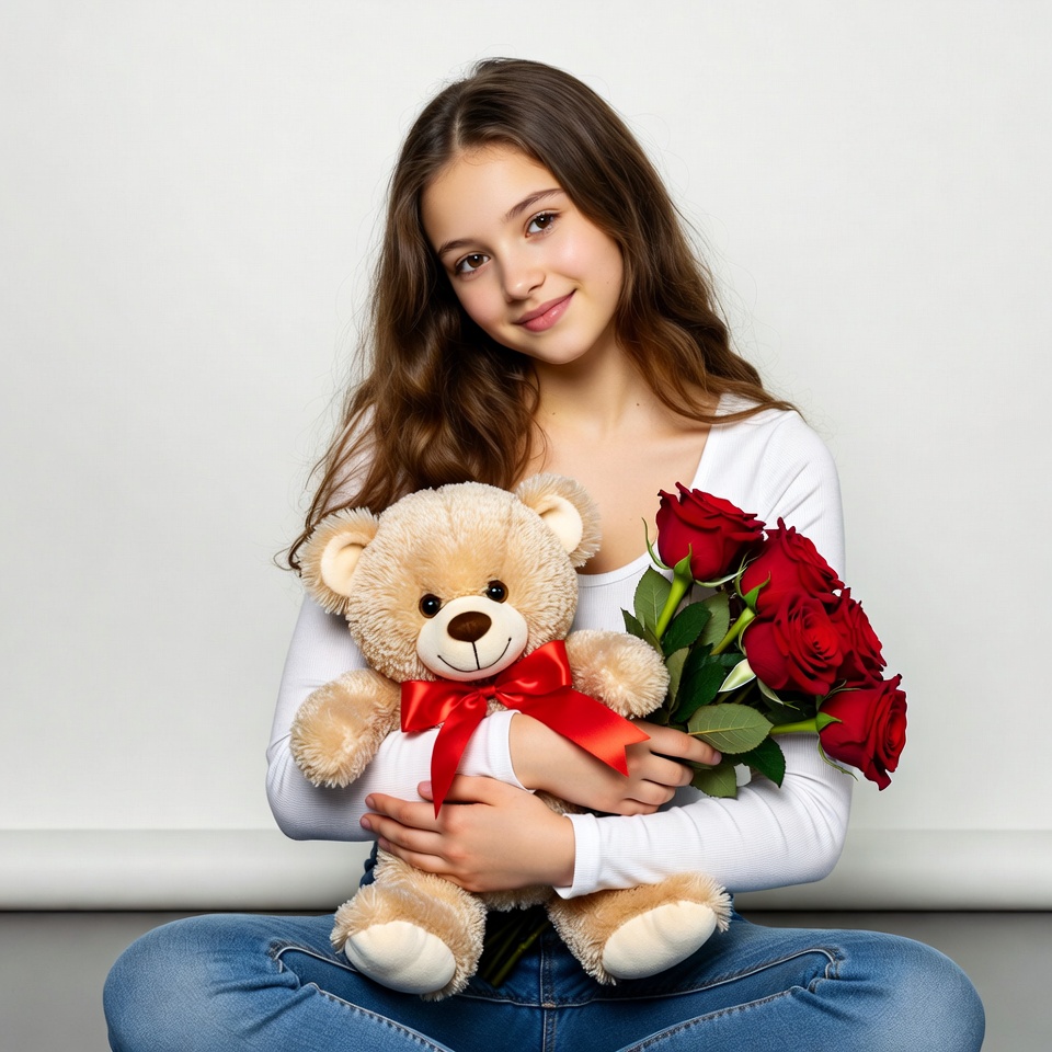 Girl holding teddy bear and red roses Girl holding teddy bear and red roses