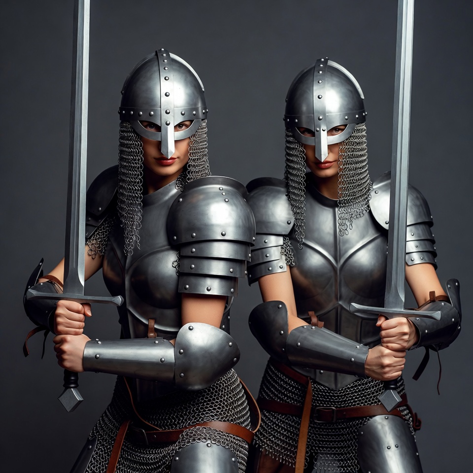 Two women warriors in armor with swords Two women warriors in armor with swords